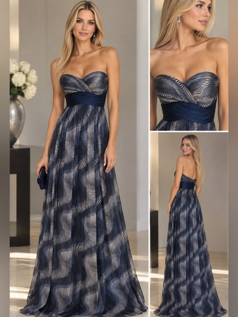 Morrell Maxie Strapless Navy and Gray Evening Prom  Silk Dress 12